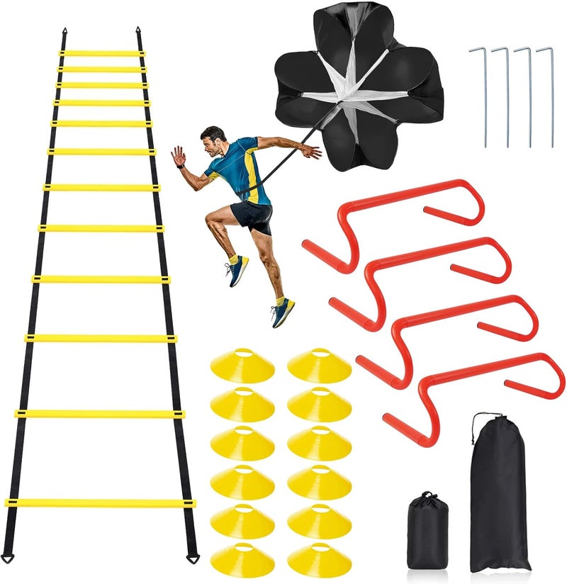 Rainmae Speed & Agility Ladder Training Equipment Set, Includes 12 Rung 20ft Agility Ladder, 4 Agility Hurdles,12 Disc Cones, 1 Resistance Parachute for Training Football Soccer Basketball Athletes - Image 1
